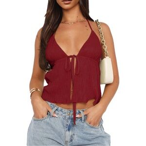 NWOT Women’s Y2K‎ Front Tie Halter Crop Top – XL – Plissé Flowy Split Cami